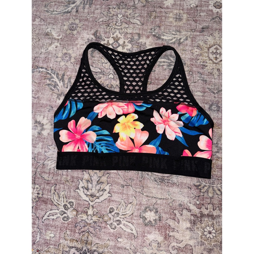 Victoria's Secret PINK Tropical Floral Mesh Racerback Sports Bra Black Medium